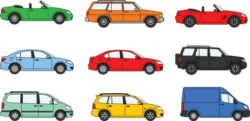 Colorful vehicle vector set, sedans, SUVs, convertibles, vans, family cars, cartoon style illustrations, transportation collection for automotive design and graphics © MdNurAlam