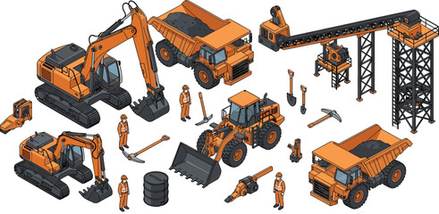 Construction machinery vector set, excavators, dump trucks, wheel loaders, conveyor tower system, industrial tools, workers, detailed heavy equipment illustration collection for engineering design © MdNurAlam