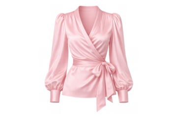 Pink satin wrap blouse with long puff sleeves, elegant women's fashion top, creating a chic sophisticated look