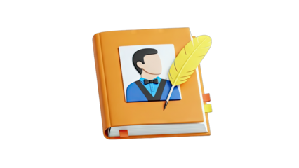 Diary with a portrait and a quill pen, isolated on white background