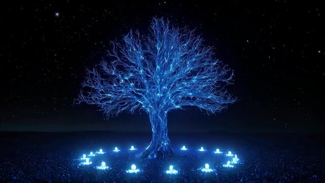 Glowing blue tree illuminates a starry night with a ring of lights