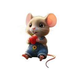 A cute cartoon mouse wearing blue overalls with a sunflower patch eating a red strawberry against a clean white background.