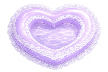 Purple heart inflatable pool float with frilly lace trim, featuring water reflections, transparent background