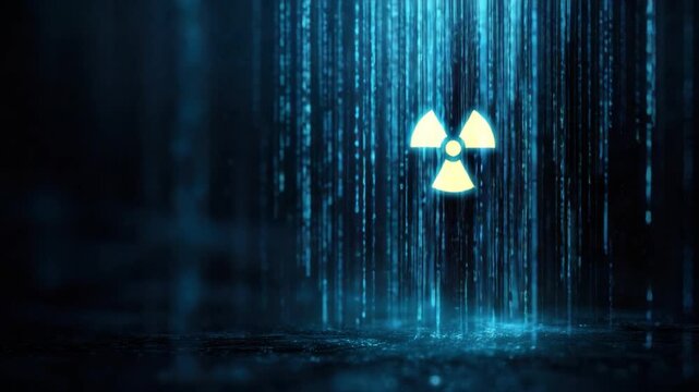 Radioactive Hazard: A digital illustration of the radioactive hazard symbol amidst a downpour of digital rain, symbolizing the dangerous potential of radiation in a futuristic setting.