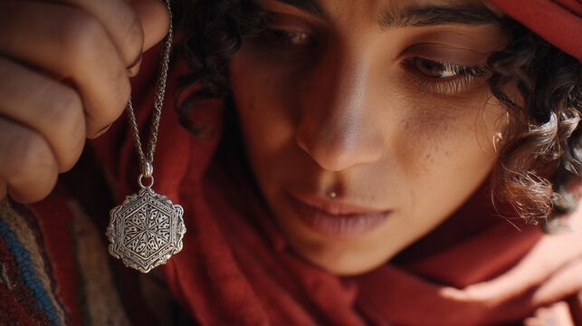 Celebrating Yennayer Amazigh Berber New Year In Morocco with traditional jewelry adornment close-up