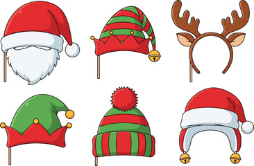 Christmas holiday hat and headwear illustration set featuring Santa, elf, and reindeer accessories, festive cartoon elements for winter celebrations © Biplob Creatives