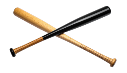 Two crossed wooden sporting bats, one light, one dark, on a black background