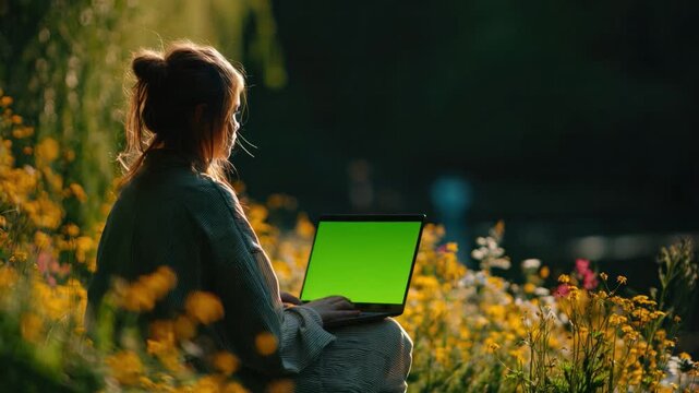 Work in the Sunshine: A person works outdoors, their form illuminated, engrossed in their portable computer. Surrounded by nature, and wildflowers.