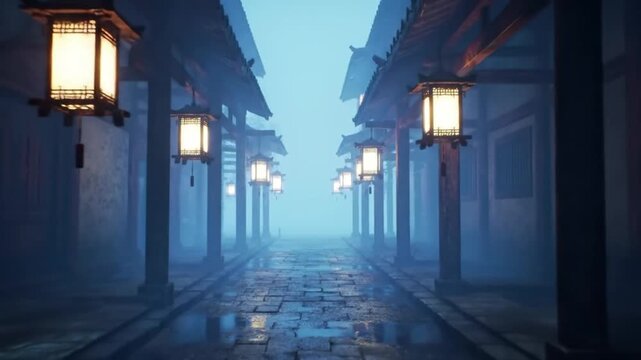Lanterns illuminate pathway through traditional structure in atmospheric scene
