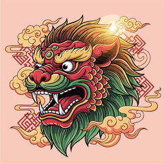 Angry Chinese Guardian Lion Head Vector Art with Clouds and Sunburst