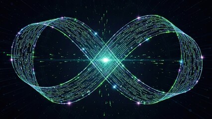 Vibrant digital infinity symbol made of glowing code streams in space