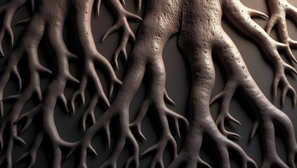 Raised brown rootlike structures with rough texture intricately intertwined casting shadows on a dark background