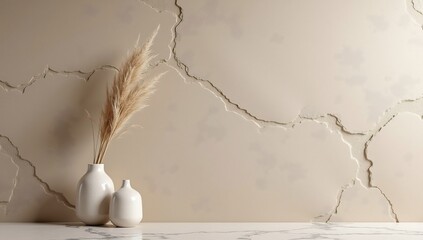 Two white vases with pampas grass sit on a marble surface against a cracked light beige wall with textured plaster