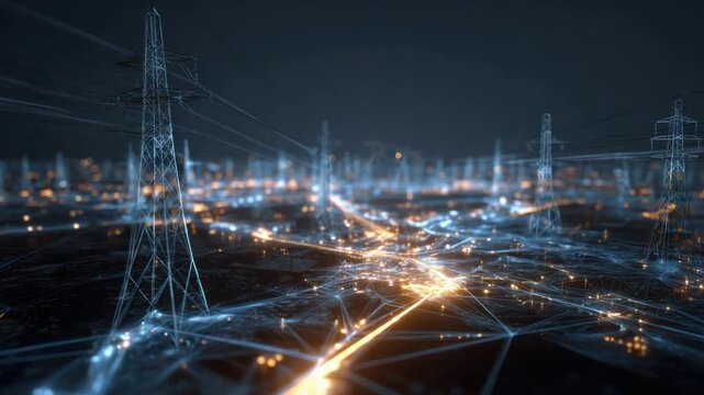 Power Grid: A mesmerizing illustration of a modern power grid, illuminated against a night sky, symbolizing the interconnectedness and energy of our world.