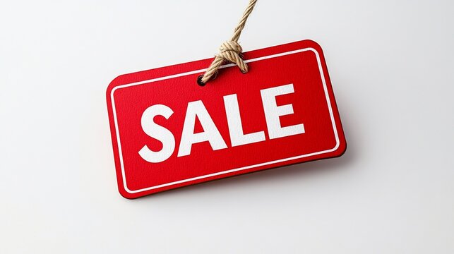 Red SALE tag hanging by rope on white background, promoting retail discounts