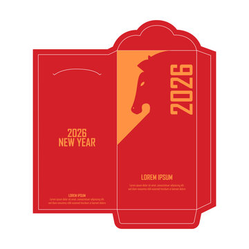 2026 Lunar New Year Red Envelope Template, Year of the Horse Chinese Hongbao Design, Red Pocket Money Packet for Spring Festival, Die Cut Vector Layout with Horse Silhouette