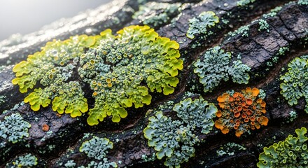 Vibrant Colorful Lichen Macro on Rough Tree Bark Texture Natural Sunlight