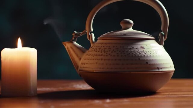 Lit candle next to ceramic teapot on a wooden tabletop