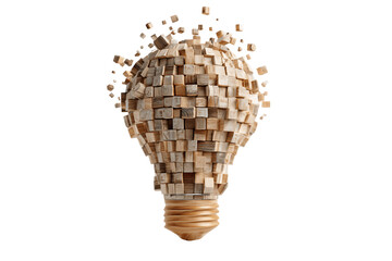 Wooden Cube Lightbulb Exploding on Transparent Background, PNG