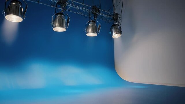 Stage lighting illuminates a blue backdrop with a curved white surface