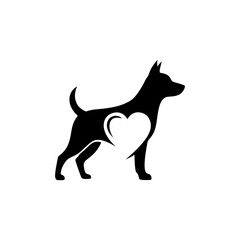 Stylized graphic illustration of a standing dog with a heart symbol integrated into its body, representing pet love, care, and companionship