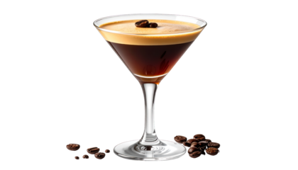 Elegant, stemmed glass of coffee cocktail, topped with foam, garnished with beans