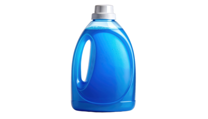 A large plastic bottle of blue liquid, likely laundry detergent, with a handle