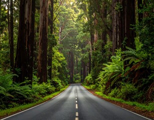 Fototapeta premium Road stretches through a verdant forest with towering trees casting dappled sunlight, creating a serene atmosphere