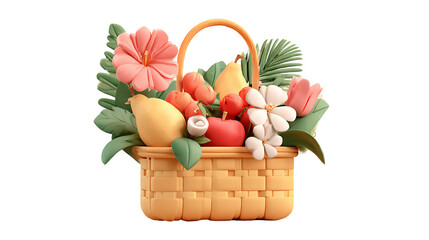 Woven Basket Filled with Colorful Flowers and Fruits on Transparent Background, PNG