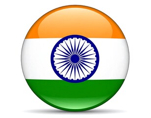 Round button with horizontal orange, white, green bands & blue wheel in the center, casting a subtle shadow