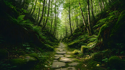 Stone path through lush green forest trail