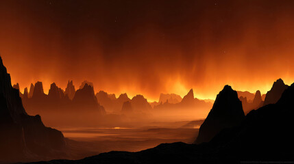 Towering Alien Mesas Carved by Wind in a Surreal Panorama of a Fiery Landscape at Dusk with Mystical Orange and Red Hues