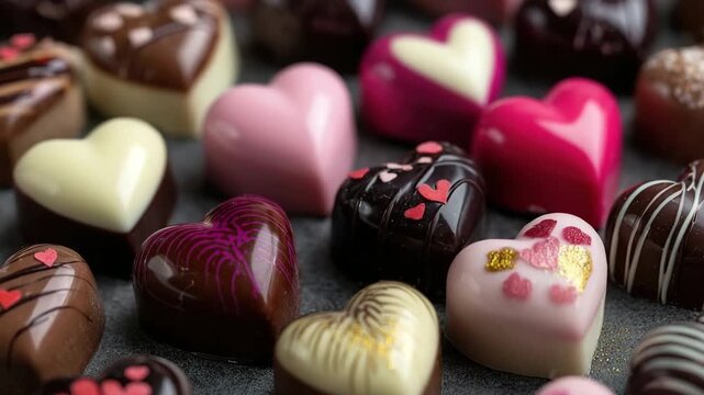 Generative AI. Colorful heart-shaped chocolates arranged in a decorative box, showcasing various designs and textures, perfect for gifting on special occasions or romantic celebrations