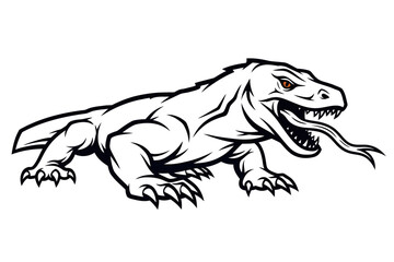 Fototapeta premium A detailed black and white illustration of a fierce Komodo dragon with its mouth open and tongue extended, featuring orange eyes.