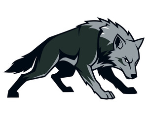 Fototapeta premium A stylized illustration of a grey wolf in an aggressive, crouching stance, with sharp features and a determined expression.