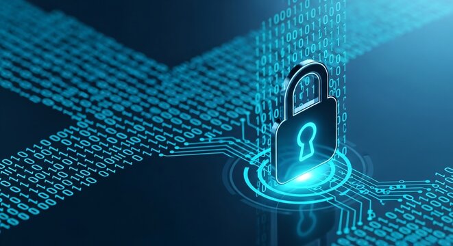 Digital padlock symbol with binary code and circuit board patterns in blue hues