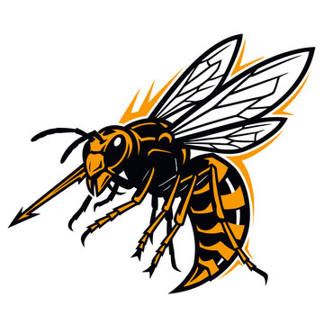 A stylized illustration of a yellow and black hornet with sharp wings and a pointed stinger.