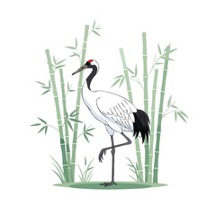 Red crowned crane standing among bamboo stalks Asian bird illustration