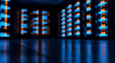 Rows of blurred blue and orange lights in a dark room with a reflective floor