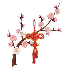 Chinese Knot Ornament on Blooming Plum Branch Spring Festival