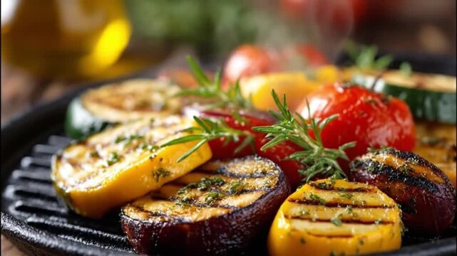 A captivating close-up showcases a medley of fresh, vibrant vegetables expertly grilled on a hot cast-iron griddle. Slices of yellow squash, zucchini, and purple eggplant, along with succulent red tom