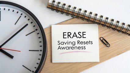Conceptual scene featuring clock, notebook, paper, and message on awareness about erasing saving resets for productivity