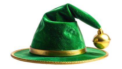A plush green elf hat with a gold trim and a golden bell on a black background