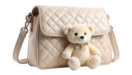 Creamy quilted handbag with teddy bear, placed against a soft white background
