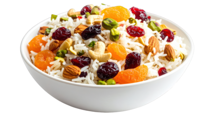 White rice dish in a white bowl, topped with fruits and nuts, studio shot