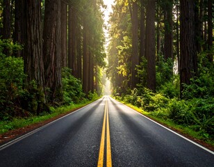 Road stretches through tall trees, sunbeams filtering through. A landscape filled with lush greenery on the sides