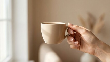 Female hand holding a beige ceramic mug against a soft focus neutral background