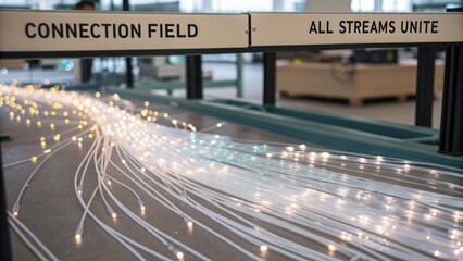 Bright Fiber Optic Cables Illuminating Connection Field with Streamlined Design and Flowing Light Patterns in Modern Space