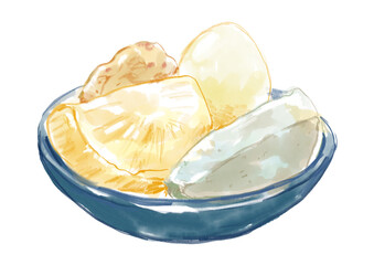 美味しそうなホカホカの温かいおでんの手描き水彩イラスト(透過PNG)