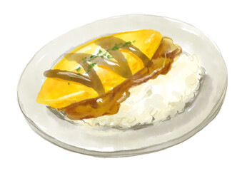 ふわっとしたオムレツの乗った美味しそうなオムカレーの手描き水彩イラスト